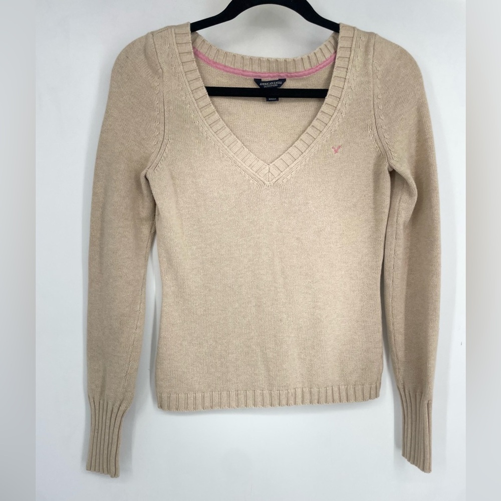 Vintage Y2K American Eagle Small Knit Cotton Wool Cream V Neck Sweater Logo Nerd